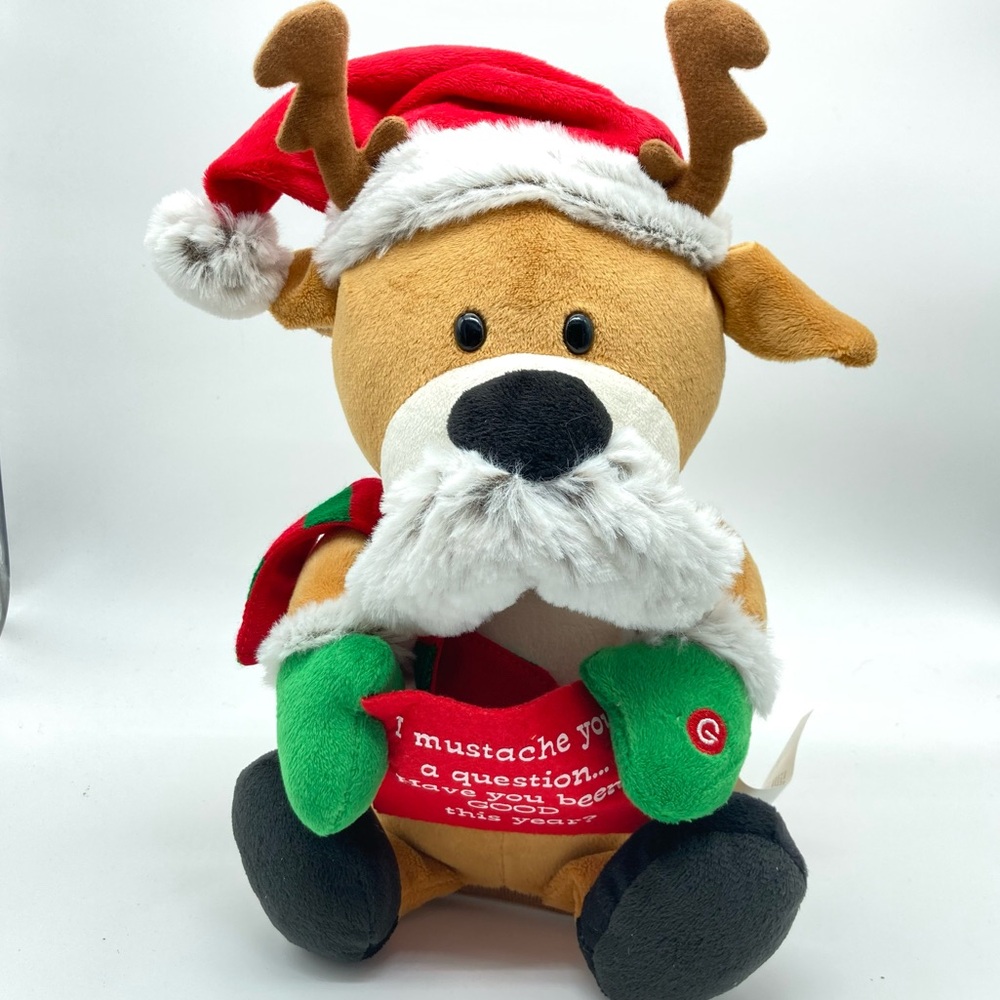 Gemmy Animated Reindeer Mustache Santa Hat Up On The Housetop Plush EUC
